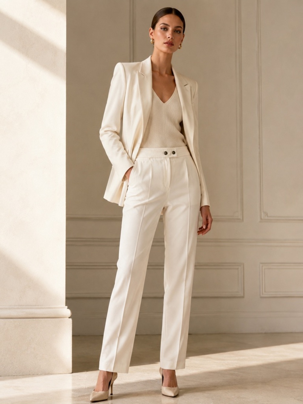 Cambio High-Rise Cream Trousers with Front Creases